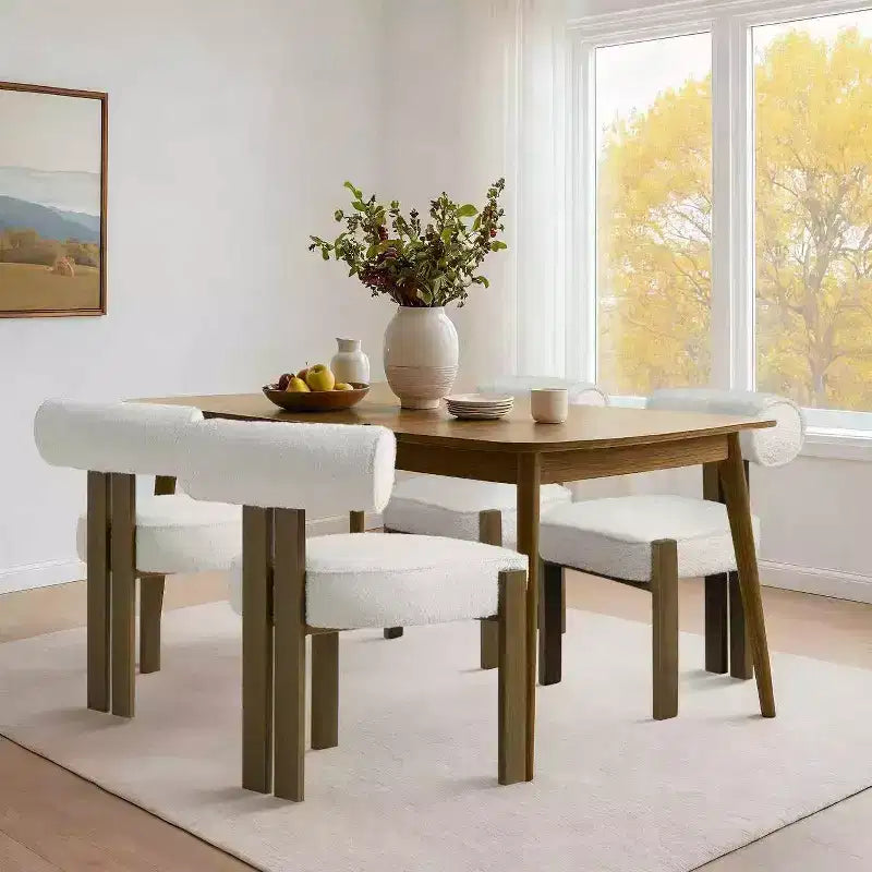 Sedie moderne da sala da pranzo in tessuto Bouclé, set da 2, sedie da pranzo imbottite con gambe in legno di caucciù e schienale ergonomico curvo per sala da pranzo o soggiorno