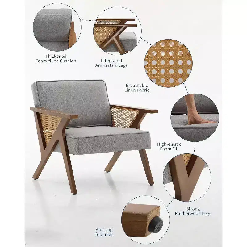 Poltrona d'accento, Poltrona moderna con gambe in legno, Poltrona lounge rivestita in tessuto di lino per soggiorno, camera da letto