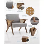 Poltrona d'accento, Poltrona moderna con gambe in legno, Poltrona lounge rivestita in tessuto di lino per soggiorno, camera da letto