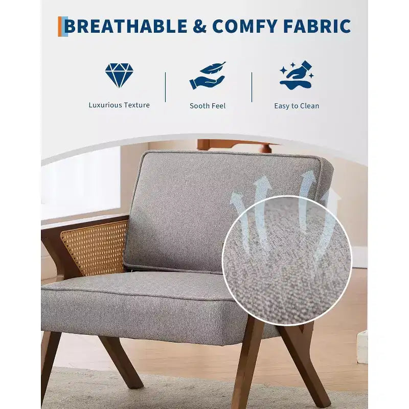 Poltrona d'accento, Poltrona moderna con gambe in legno, Poltrona lounge rivestita in tessuto di lino per soggiorno, camera da letto
