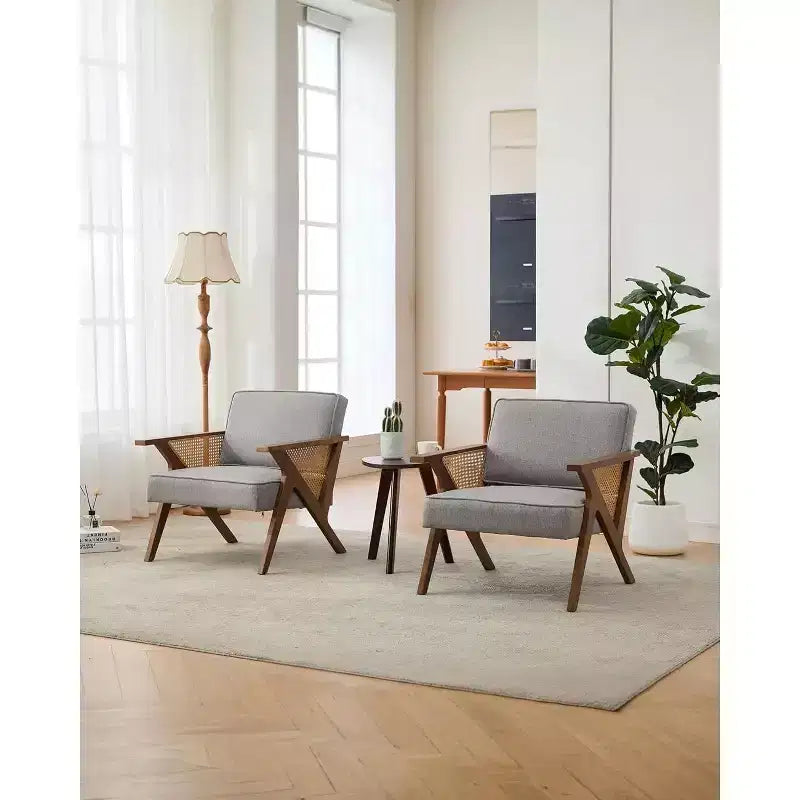 Poltrona d'accento, Poltrona moderna con gambe in legno, Poltrona lounge rivestita in tessuto di lino per soggiorno, camera da letto