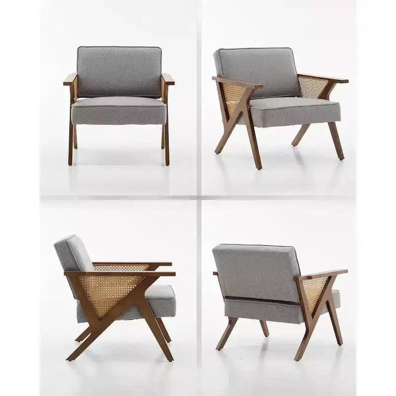Poltrona d'accento, Poltrona moderna con gambe in legno, Poltrona lounge rivestita in tessuto di lino per soggiorno, camera da letto