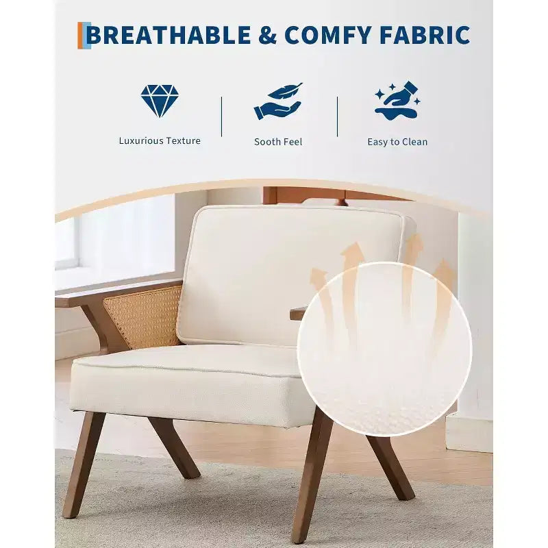 Poltrona d'accento, Poltrona moderna con gambe in legno, Poltrona lounge rivestita in tessuto di lino per soggiorno, camera da letto