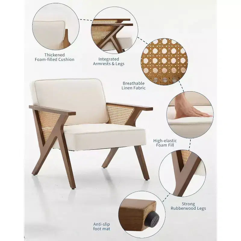 Poltrona d'accento, Poltrona moderna con gambe in legno, Poltrona lounge rivestita in tessuto di lino per soggiorno, camera da letto