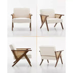 Poltrona d'accento, Poltrona moderna con gambe in legno, Poltrona lounge rivestita in tessuto di lino per soggiorno, camera da letto