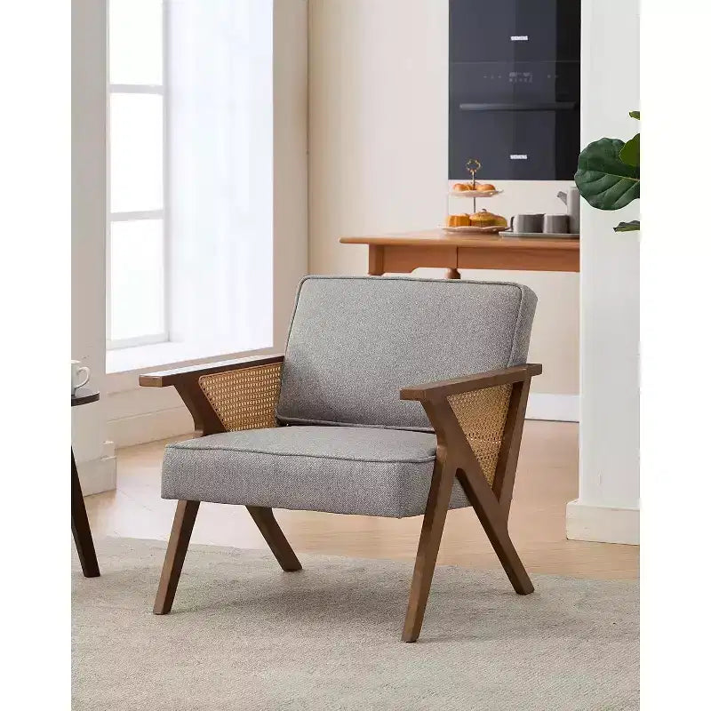 Poltrona d'accento, Poltrona moderna con gambe in legno, Poltrona lounge rivestita in tessuto di lino per soggiorno, camera da letto