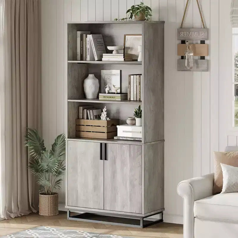 Libreria con ante, mobile espositore a 5 ripiani in stile rustico con armadietto e ripiani regolabili, adatto per camere da letto