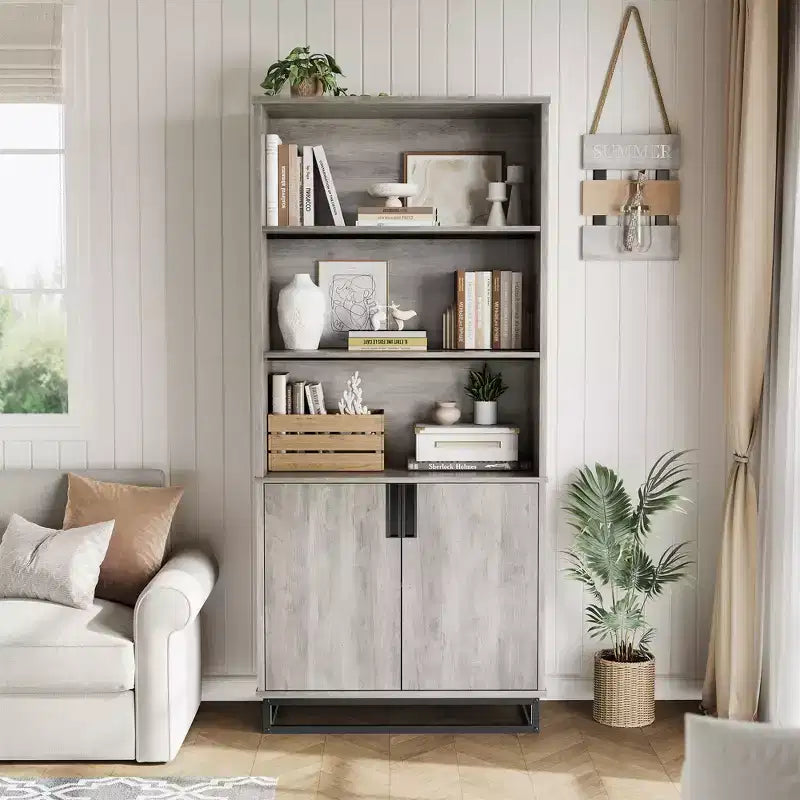 Libreria con ante, mobile espositore a 5 ripiani in stile rustico con armadietto e ripiani regolabili, adatto per camere da letto