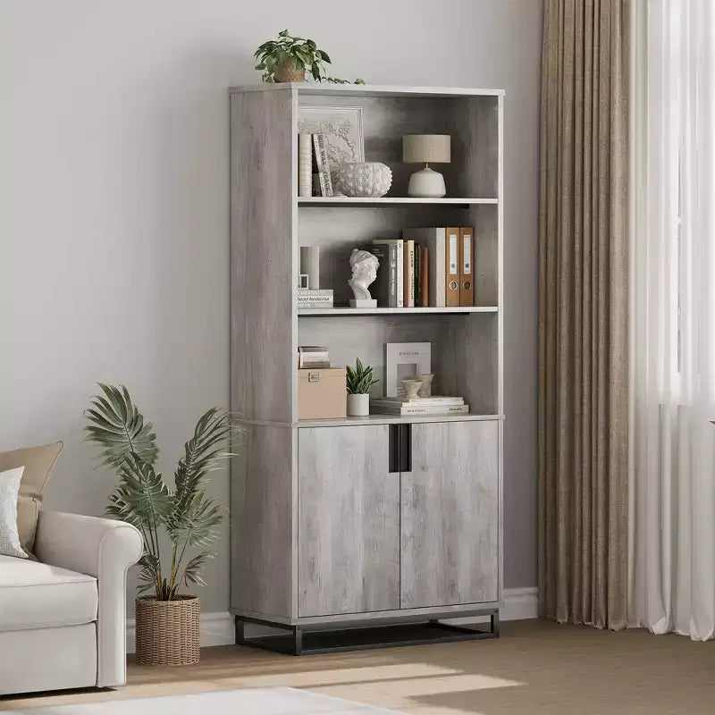 Libreria con ante, mobile espositore a 5 ripiani in stile rustico con armadietto e ripiani regolabili, adatto per camere da letto