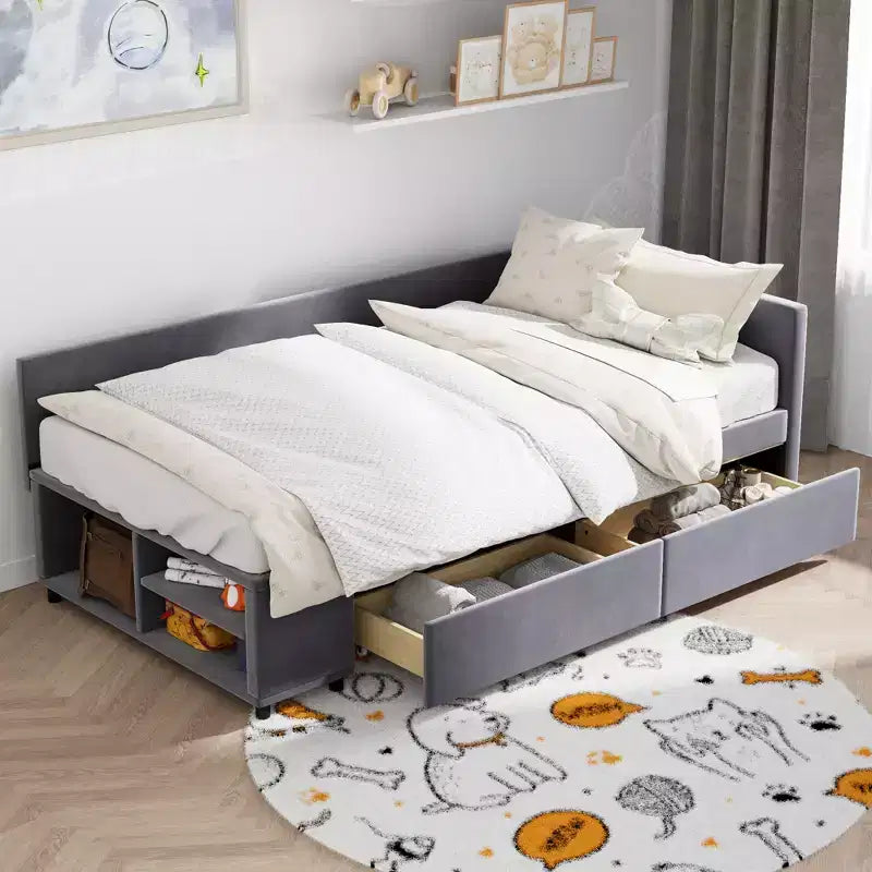 Divano Letto a L Imbottito in Legno con Ripiano Laterale, Divano Letto Singolo in Velluto con 2 Cassetti per Camera da Letto