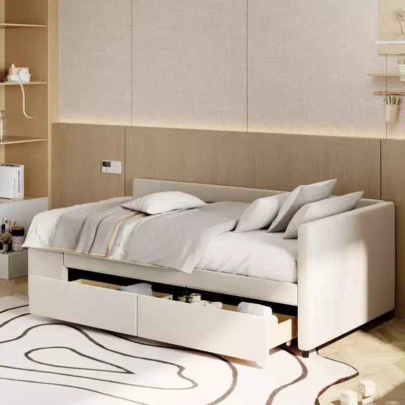 Divano Letto a L Imbottito in Legno con Ripiano Laterale, Divano Letto Singolo in Velluto con 2 Cassetti per Camera da Letto