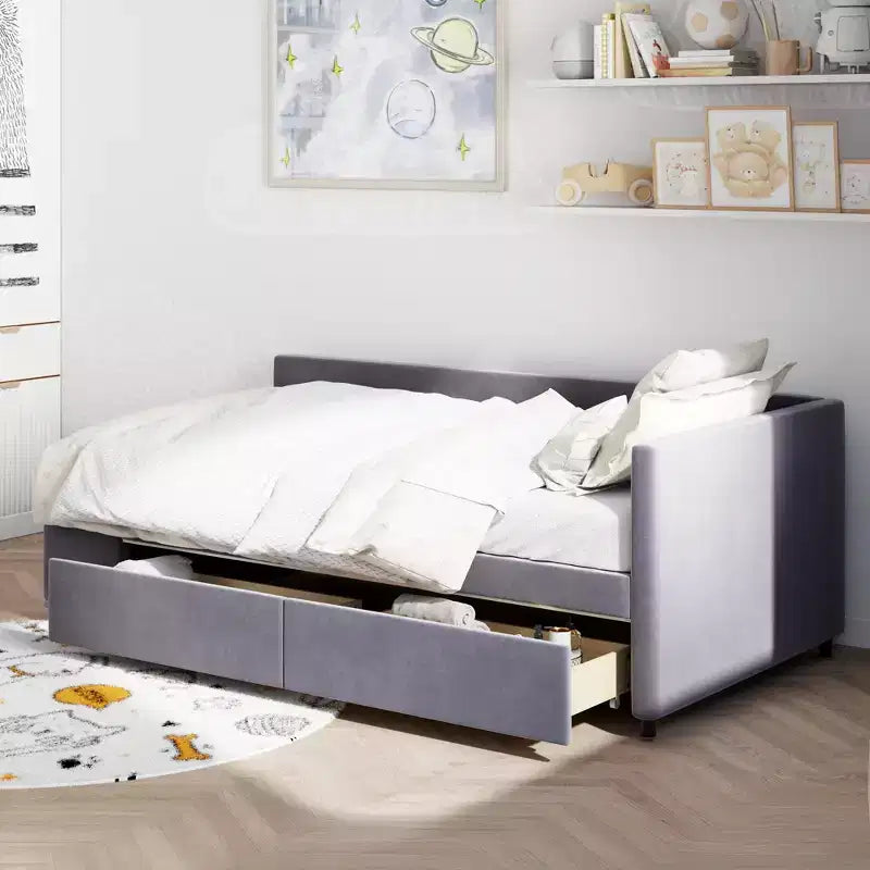 Divano Letto a L Imbottito in Legno con Ripiano Laterale, Divano Letto Singolo in Velluto con 2 Cassetti per Camera da Letto