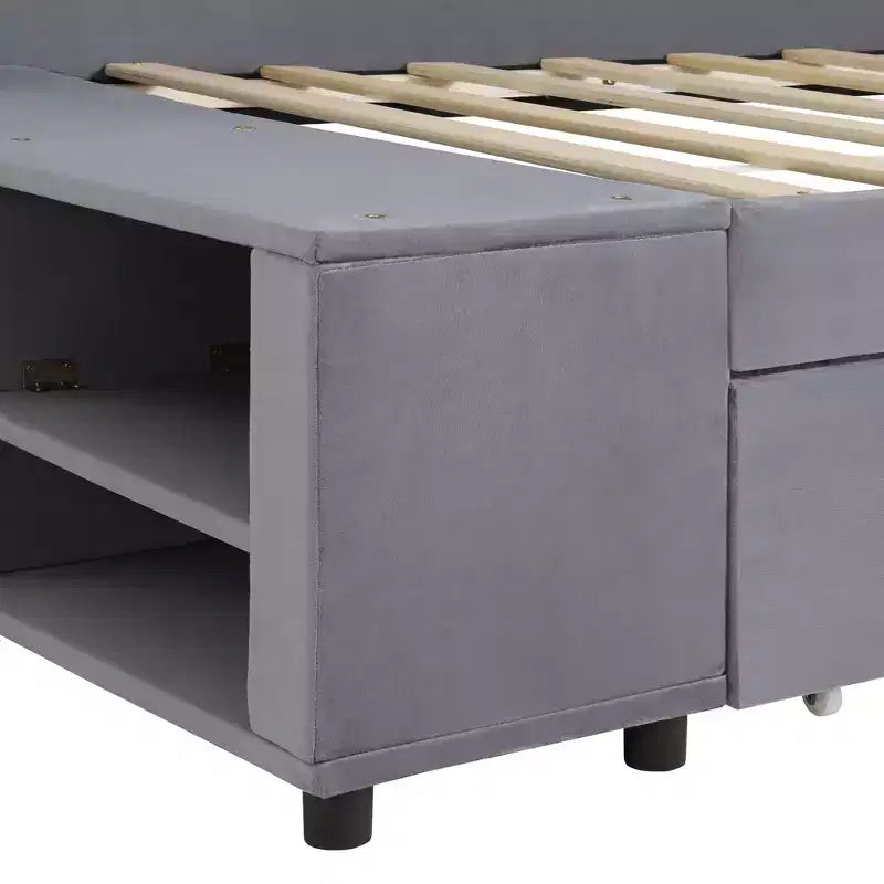 Divano Letto a L Imbottito in Legno con Ripiano Laterale, Divano Letto Singolo in Velluto con 2 Cassetti per Camera da Letto
