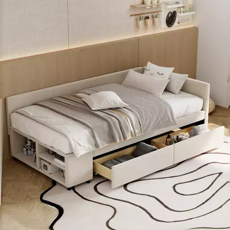 Divano Letto a L Imbottito in Legno con Ripiano Laterale, Divano Letto Singolo in Velluto con 2 Cassetti per Camera da Letto