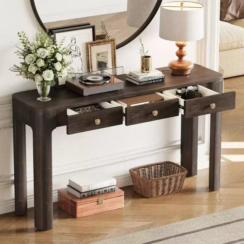 Consolle Okak Vintage con impiallacciatura in legno, 3 cassetti e angoli curvi, elegante tavolo da ingresso per atrio, corridoio, soggiorno