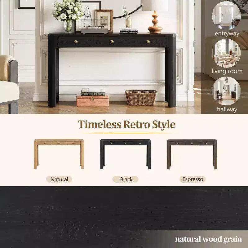 Consolle Okak Vintage con impiallacciatura in legno, 3 cassetti e angoli curvi, elegante tavolo da ingresso per atrio, corridoio, soggiorno