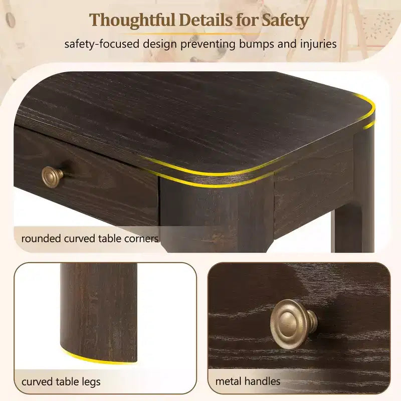 Consolle Okak Vintage con impiallacciatura in legno, 3 cassetti e angoli curvi, elegante tavolo da ingresso per atrio, corridoio, soggiorno