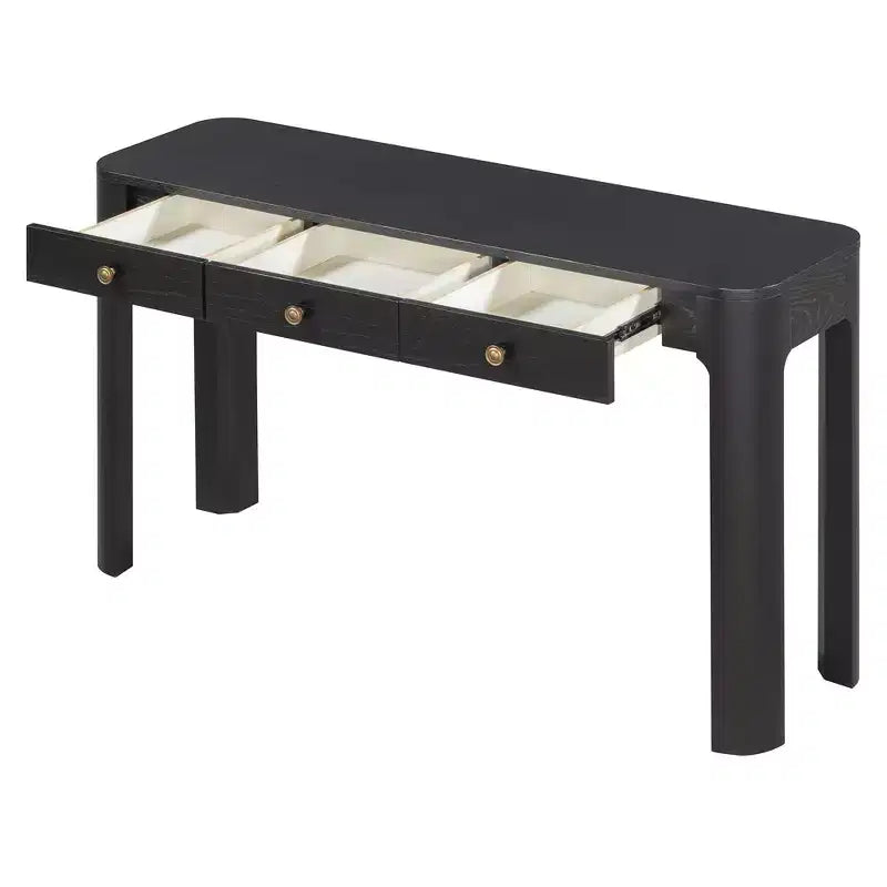Consolle Okak Vintage con impiallacciatura in legno, 3 cassetti e angoli curvi, elegante tavolo da ingresso per atrio, corridoio, soggiorno