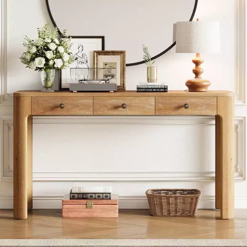 Consolle Okak Vintage con impiallacciatura in legno, 3 cassetti e angoli curvi, elegante tavolo da ingresso per atrio, corridoio, soggiorno