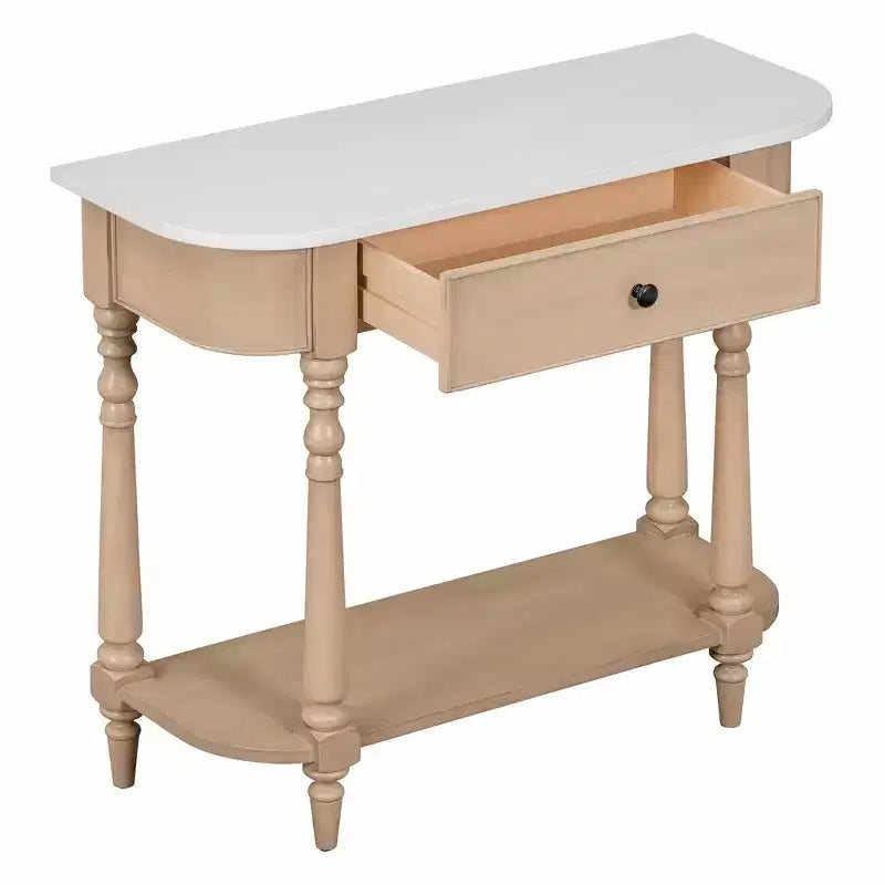 Consolle stretta vintage con contenitore, tavolo da ingresso in legno con cassetto superiore e ripiano aperto, tavolo da divano retrò per ingresso e corridoio