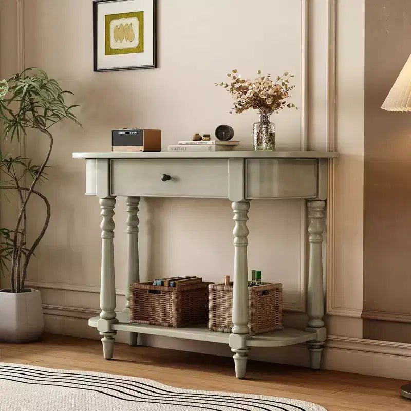 Consolle stretta vintage con contenitore, tavolo da ingresso in legno con cassetto superiore e ripiano aperto, tavolo da divano retrò per ingresso e corridoio