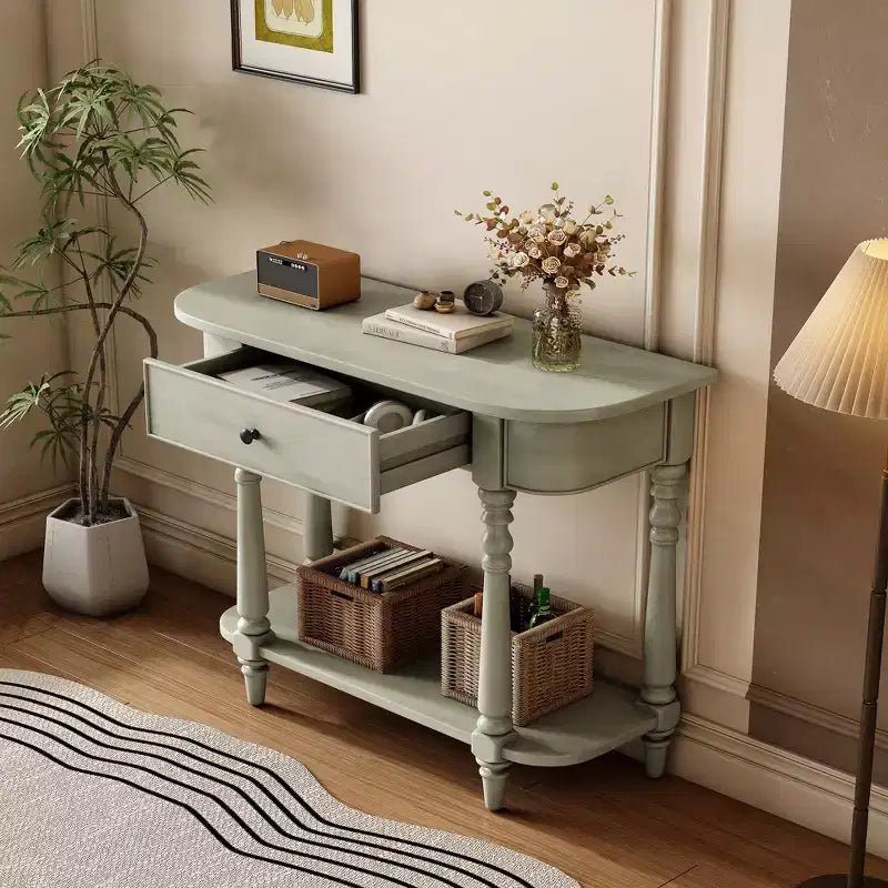 Consolle stretta vintage con contenitore, tavolo da ingresso in legno con cassetto superiore e ripiano aperto, tavolo da divano retrò per ingresso e corridoio