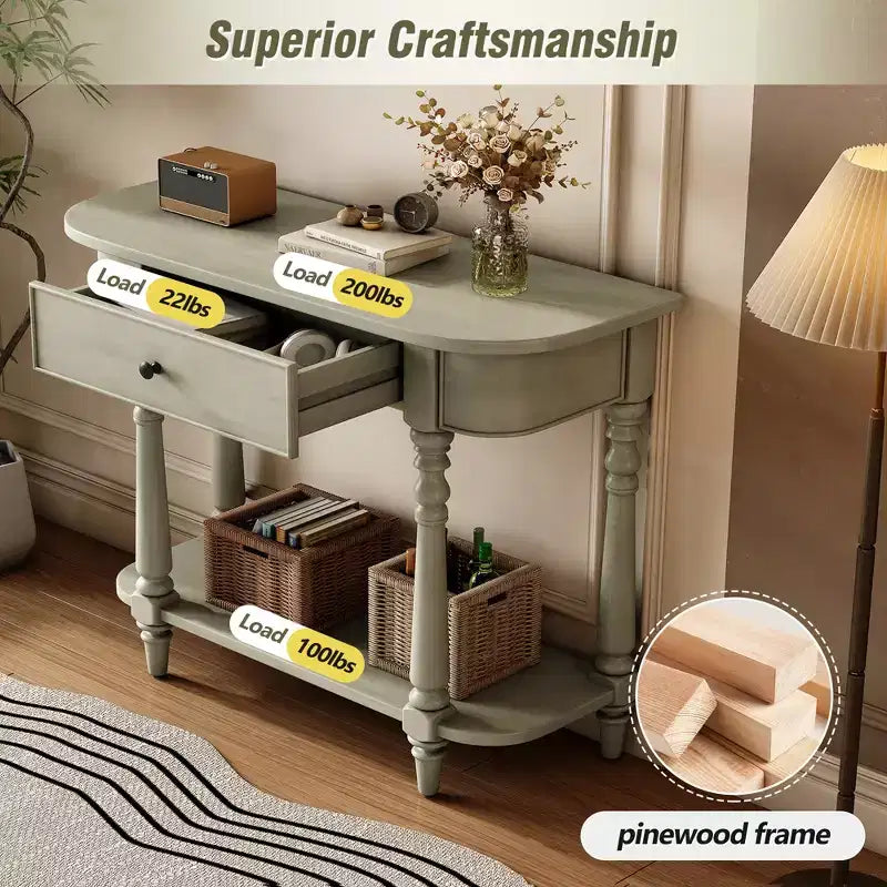 Consolle stretta vintage con contenitore, tavolo da ingresso in legno con cassetto superiore e ripiano aperto, tavolo da divano retrò per ingresso e corridoio