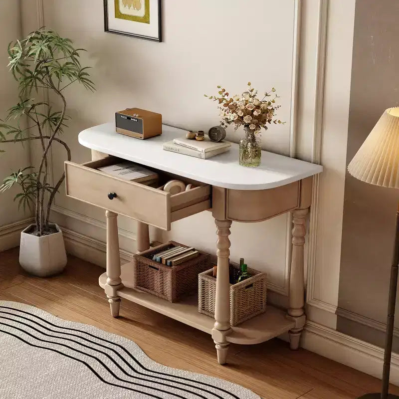 Consolle stretta vintage con contenitore, tavolo da ingresso in legno con cassetto superiore e ripiano aperto, tavolo da divano retrò per ingresso e corridoio