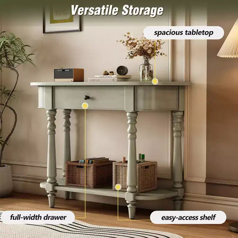 Consolle stretta vintage con contenitore, tavolo da ingresso in legno con cassetto superiore e ripiano aperto, tavolo da divano retrò per ingresso e corridoio