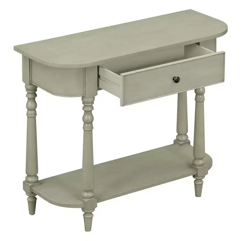 Consolle stretta vintage con contenitore, tavolo da ingresso in legno con cassetto superiore e ripiano aperto, tavolo da divano retrò per ingresso e corridoio