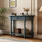 Consolle stretta vintage con contenitore, tavolo da ingresso in legno con cassetto superiore e ripiano aperto, tavolo da divano retrò per ingresso e corridoio