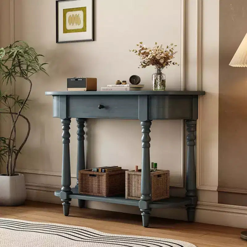 Consolle stretta vintage con contenitore, tavolo da ingresso in legno con cassetto superiore e ripiano aperto, tavolo da divano retrò per ingresso e corridoio