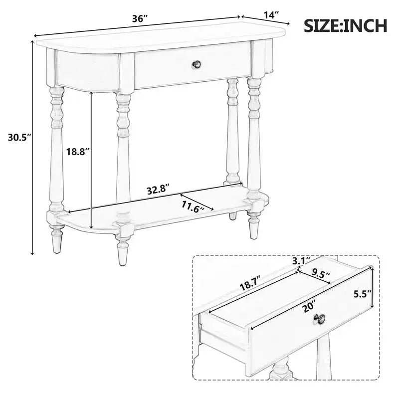 Consolle stretta vintage con contenitore, tavolo da ingresso in legno con cassetto superiore e ripiano aperto, tavolo da divano retrò per ingresso e corridoio