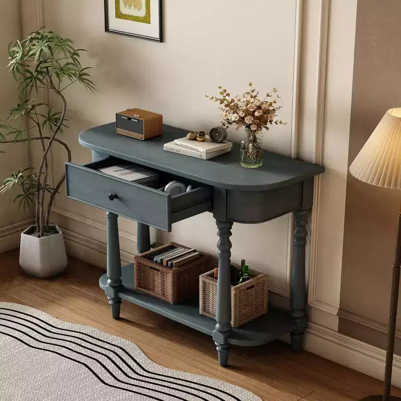 Consolle stretta vintage con contenitore, tavolo da ingresso in legno con cassetto superiore e ripiano aperto, tavolo da divano retrò per ingresso e corridoio