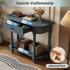 Consolle stretta vintage con contenitore, tavolo da ingresso in legno con cassetto superiore e ripiano aperto, tavolo da divano retrò per ingresso e corridoio