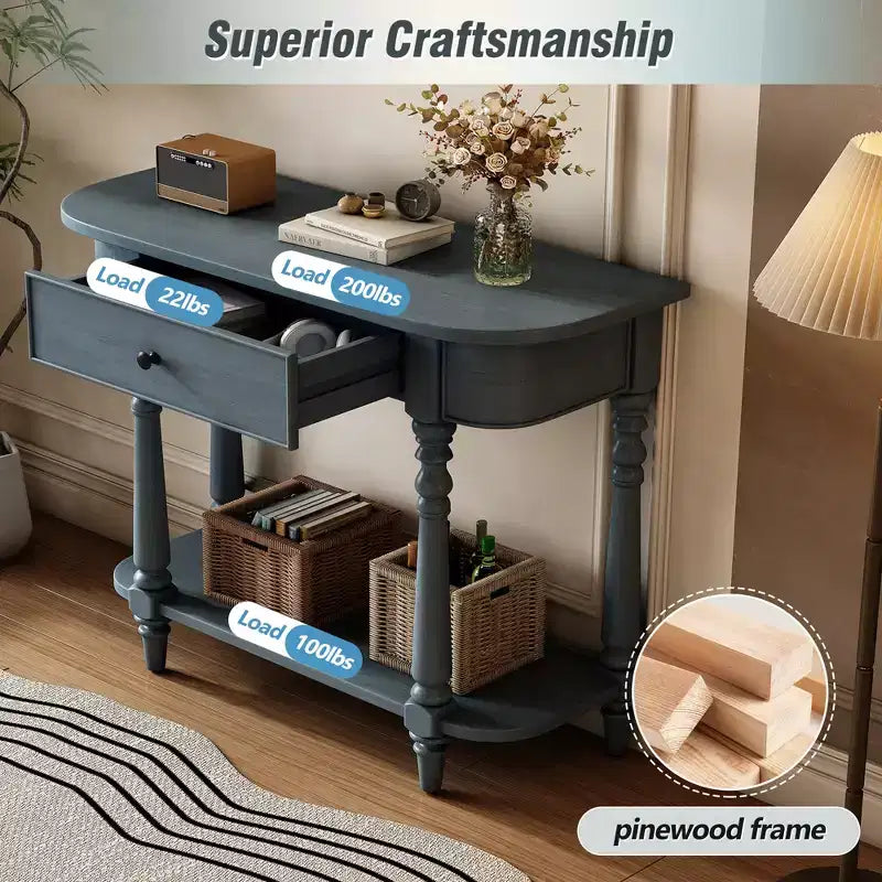 Consolle stretta vintage con contenitore, tavolo da ingresso in legno con cassetto superiore e ripiano aperto, tavolo da divano retrò per ingresso e corridoio