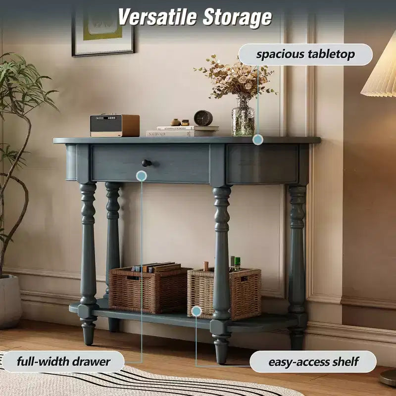 Consolle stretta vintage con contenitore, tavolo da ingresso in legno con cassetto superiore e ripiano aperto, tavolo da divano retrò per ingresso e corridoio