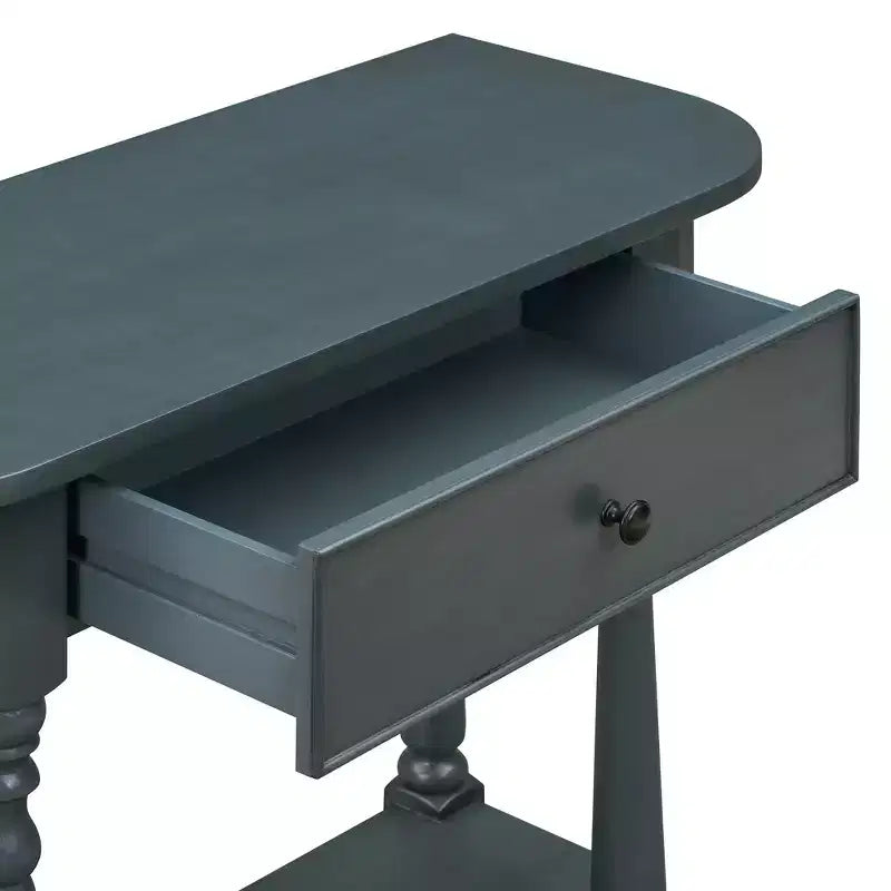 Consolle stretta vintage con contenitore, tavolo da ingresso in legno con cassetto superiore e ripiano aperto, tavolo da divano retrò per ingresso e corridoio