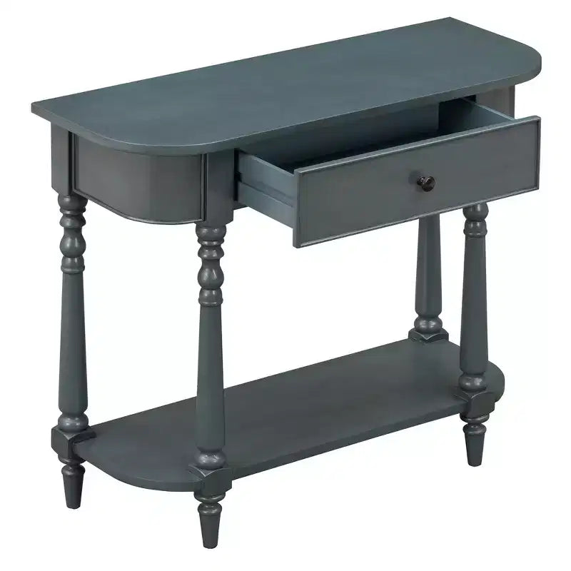 Consolle stretta vintage con contenitore, tavolo da ingresso in legno con cassetto superiore e ripiano aperto, tavolo da divano retrò per ingresso e corridoio