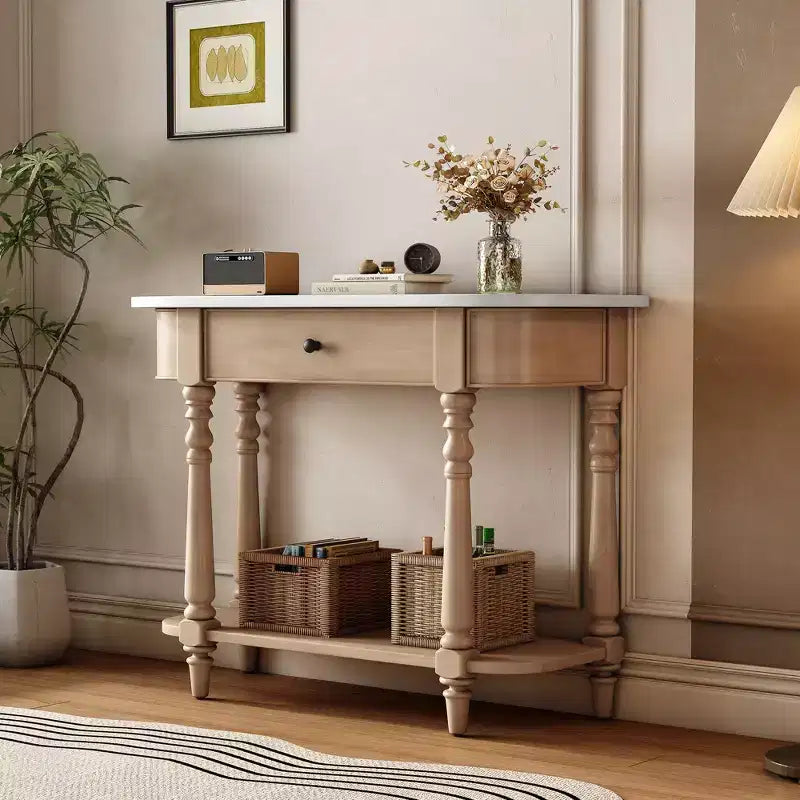 Consolle stretta vintage con contenitore, tavolo da ingresso in legno con cassetto superiore e ripiano aperto, tavolo da divano retrò per ingresso e corridoio