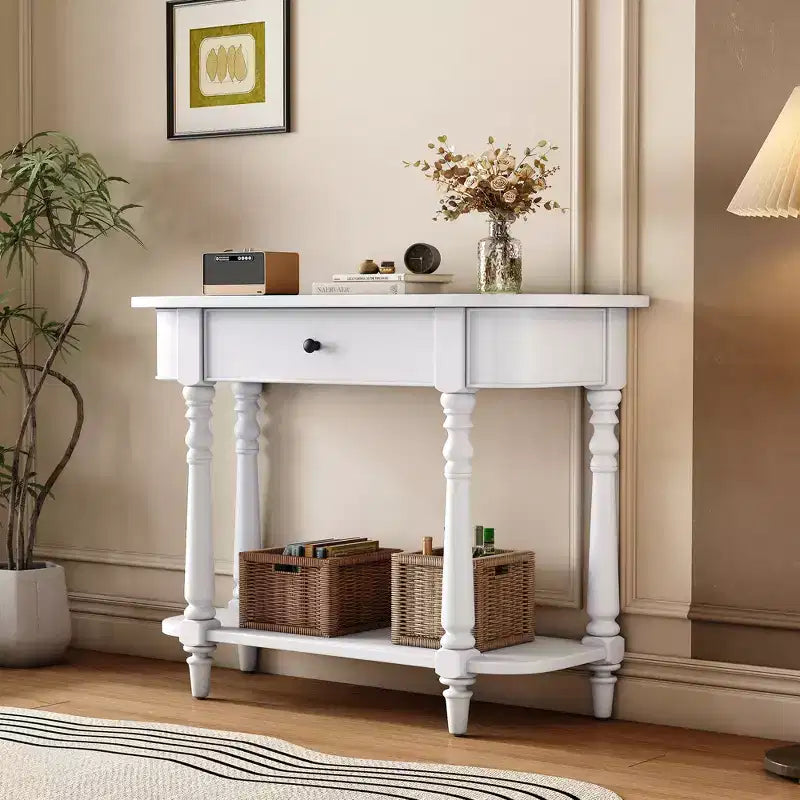 Consolle stretta vintage con contenitore, tavolo da ingresso in legno con cassetto superiore e ripiano aperto, tavolo da divano retrò per ingresso e corridoio