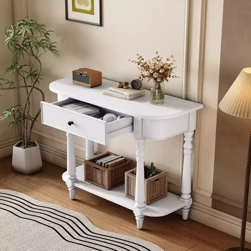 Consolle stretta vintage con contenitore, tavolo da ingresso in legno con cassetto superiore e ripiano aperto, tavolo da divano retrò per ingresso e corridoio