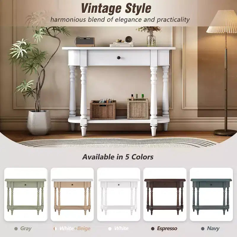 Consolle stretta vintage con contenitore, tavolo da ingresso in legno con cassetto superiore e ripiano aperto, tavolo da divano retrò per ingresso e corridoio