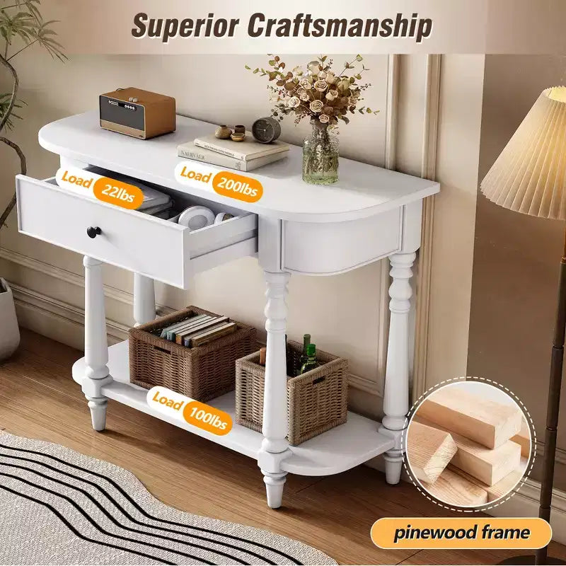 Consolle stretta vintage con contenitore, tavolo da ingresso in legno con cassetto superiore e ripiano aperto, tavolo da divano retrò per ingresso e corridoio