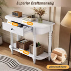 Consolle stretta vintage con contenitore, tavolo da ingresso in legno con cassetto superiore e ripiano aperto, tavolo da divano retrò per ingresso e corridoio