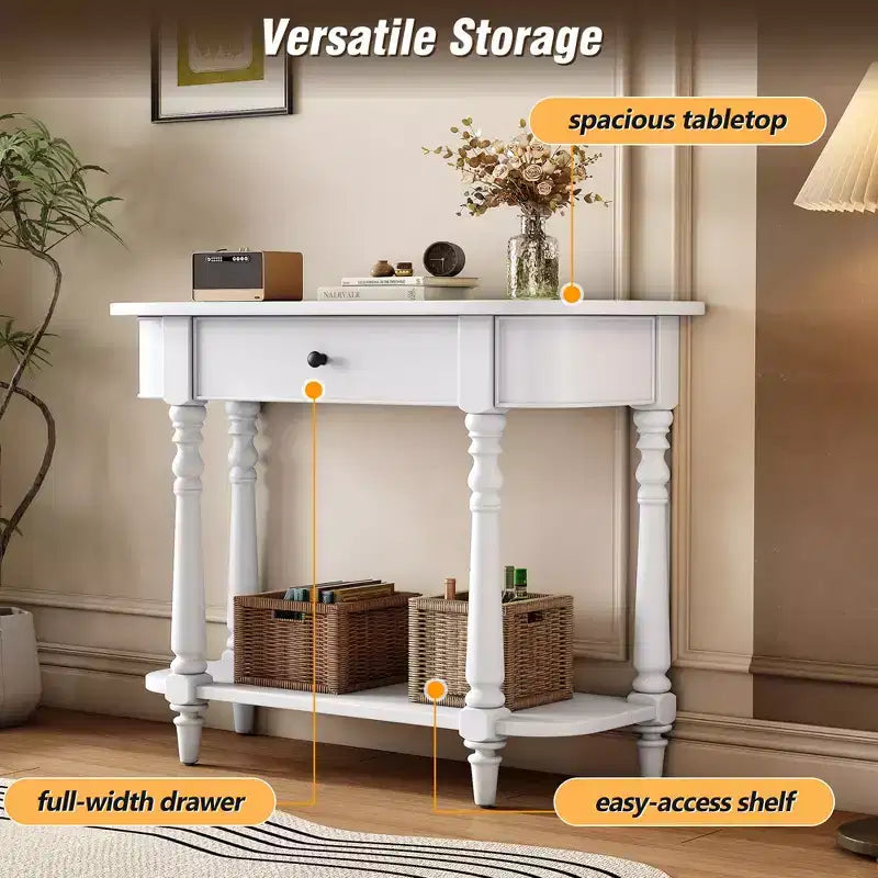 Consolle stretta vintage con contenitore, tavolo da ingresso in legno con cassetto superiore e ripiano aperto, tavolo da divano retrò per ingresso e corridoio