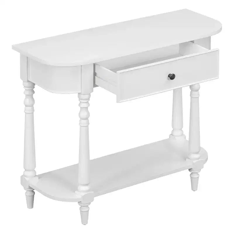 Consolle stretta vintage con contenitore, tavolo da ingresso in legno con cassetto superiore e ripiano aperto, tavolo da divano retrò per ingresso e corridoio