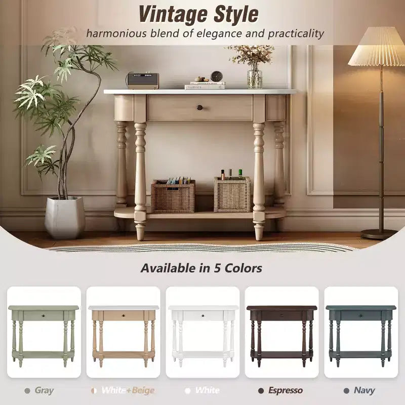 Consolle stretta vintage con contenitore, tavolo da ingresso in legno con cassetto superiore e ripiano aperto, tavolo da divano retrò per ingresso e corridoio