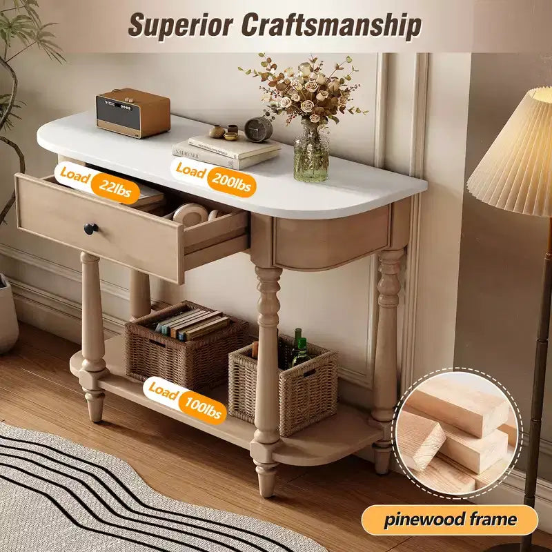Consolle stretta vintage con contenitore, tavolo da ingresso in legno con cassetto superiore e ripiano aperto, tavolo da divano retrò per ingresso e corridoio