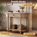 Consolle stretta vintage con contenitore, tavolo da ingresso in legno con cassetto superiore e ripiano aperto, tavolo da divano retrò per ingresso e corridoio